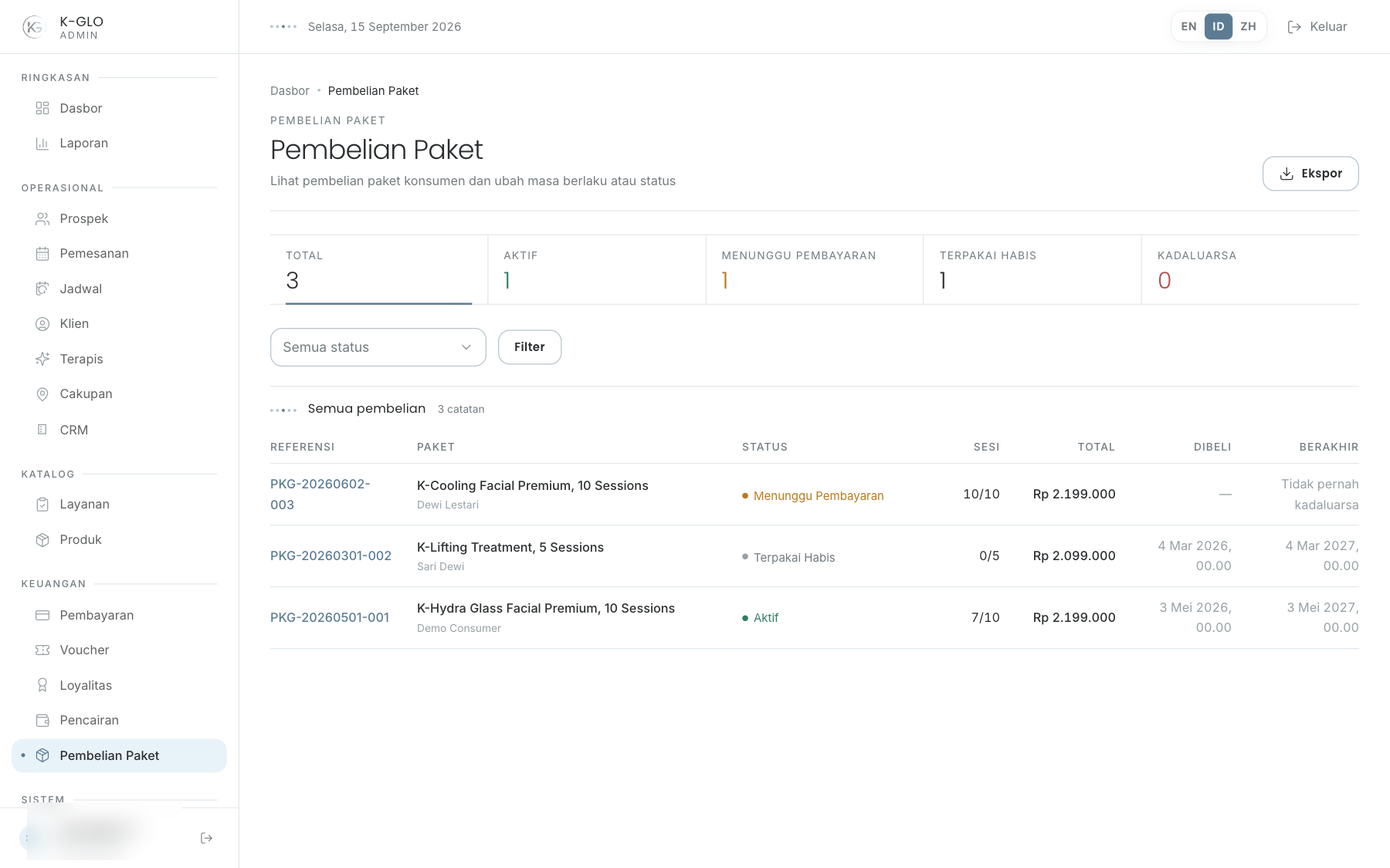 Package Purchases ledger
