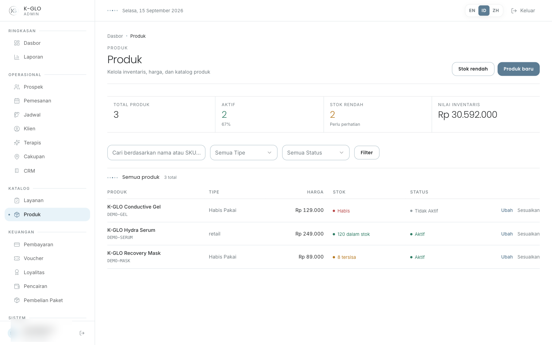Products dan status stok